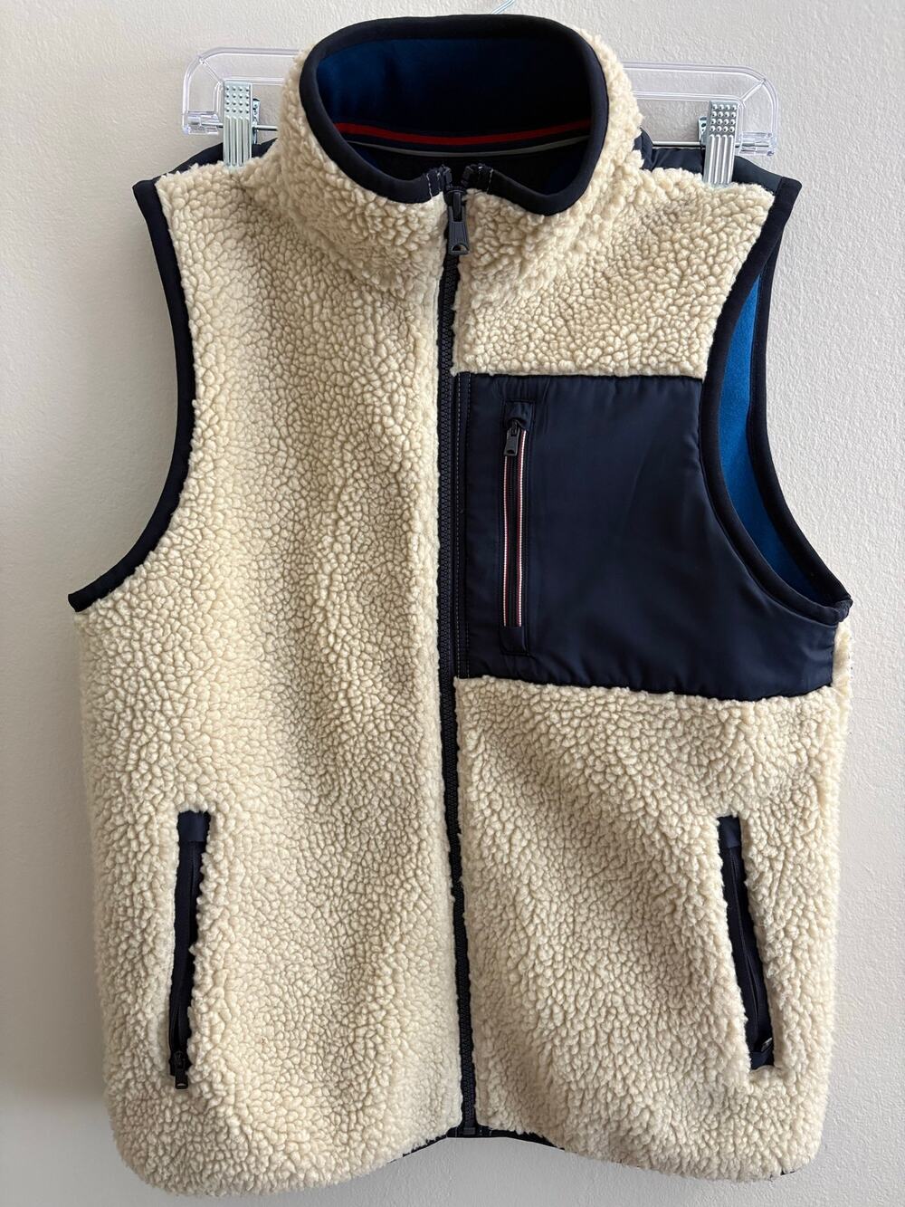 Tommy Hilfiger Men's Sherpa Fleece Vest Navy Nylon Pocket Cream Beige Size S